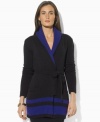 Lauren Ralph Lauren's belted wrap cardigan in a soft cotton blend is perfect for the season, crafted with a color-blocked shawl collar for a look that is effortlessly elegant.