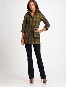 Signature checks, modern, button-tab sleeves and a fashion-forward rain flap make this sleek design a new classic.Stand collarEpaulettesButton-tab sleevesButton-detail patch pocketsDouble front zipperChic rain flapAbout 26 from shoulder to hemPolyesterDry cleanImported Model shown is 5'9½ (175cm) wearing US size 4. Signature checks, modern, button-tab sleeves and a fashion-forward rain flap make this sleek design a new classic.Stand collarEpaulettesButton-tab sleevesButton-detail patch pocketsDouble front zipperChic rain flapAbout 26 from shoulder to hemPolyesterDry cleanImported Model shown is 5'9½ (175cm) wearing US size 4.