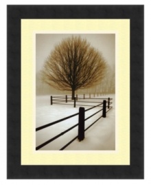 The quiet tranquility of an untouched snowfall is captured in black, white and brown by artist David Lorenz Winston. A dark fence guides the viewer to a leafless tree and into the fog-shrouded distance. Framed in satin black. The quiet tranquility of an untouched snowfall is captured in black, white and brown by artist David Lorenz Winston. A dark fence guides the viewer to a leafless tree and into the fog-shrouded distance. Framed in satin black.