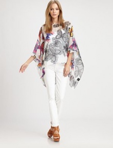 Feminine silk boatneck in a vivid butterfly print with long kimono sleeves and contrasting lace trim. BoatneckLong kimono sleevesLace trim on backAbout 25 from shoulder to hemSilkDry cleanMade in USA of Italian fabricModel shown is 5'10 (177cm) wearing US size XSmall/Small.