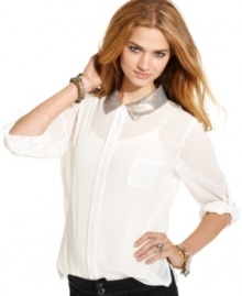 Cutouts at the back and a sequin-embellished collar add legit, rocker cool to this sheer button-down from American Rag! Cutouts at the back and a sequin-embellished collar add legit, rocker cool to this sheer button-down from American Rag!