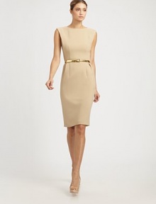 Luxurious wool crepe, cinched at the waist with a narrow, eye-catching gold leather belt.Portrait necklineSleevelessFront dartsIncluded metallic leather beltConcealed back zipAbout 25 from natural waist99% wool/1% spandexDry cleanMade in ItalyModel shown is 5'11 (180cm) wearing US size 4.OUR FIT MODEL RECOMMENDS ordering true size. Luxurious wool crepe, cinched at the waist with a narrow, eye-catching gold leather belt.Portrait necklineSleevelessFront dartsIncluded metallic leather beltConcealed back zipAbout 25 from natural waist99% wool/1% spandexDry cleanMade in ItalyModel shown is 5'11 (180cm) wearing US size 4.OUR FIT MODEL RECOMMENDS ordering true size.