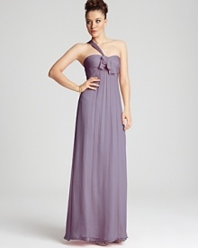 You'll feel like a princess with this incredible silk gown. Ruched bodice with asymmetrical one-shoulder styling. Gathered skirt falls from the empire waist. Step into black heels for an extra elegant finish. You'll feel like a princess with this incredible silk gown. Ruched bodice with asymmetrical one-shoulder styling. Gathered skirt falls from the empire waist. Step into black heels for an extra elegant finish.