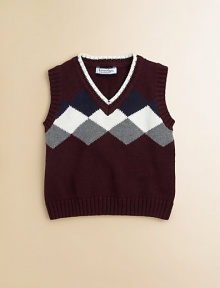 An effortless way to dress up your little guy when the occasion requires it, in a comfy cotton knit with classy argyle diamonds across the chest.Ribbed V neckline with color-tipped trimRibbed armholesTricolor argyle patternRibbed hemCottonMachine washImported An effortless way to dress up your little guy when the occasion requires it, in a comfy cotton knit with classy argyle diamonds across the chest.Ribbed V neckline with color-tipped trimRibbed armholesTricolor argyle patternRibbed hemCottonMachine washImported