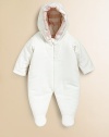 This modern virgin wool design is sure to keep your little snow bunny extra cozy from head to toe. Check lined hood Long sleeves Zip front Dry clean Imported 