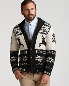Celebrate the season in this classic Moncler shawl cardigan with wooden buttons and a retro reindeer design. Celebrate the season in this classic Moncler shawl cardigan with wooden buttons and a retro reindeer design.