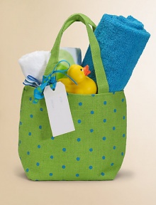 A handmade mini tote is filled to the brim with baby essentials for every new arrival. The adorable carry-all includes a hooded baby towel, coordinating washcloth with ribbon tie, toddler bib and a rubber ducky. Towel, 30 square Washcloth, 13 square Tote (natural jute fabric), 12W X 8½H X 4D Washcloth, towel, bib, cotton terry velour Machine wash Imported A handmade mini tote is filled to the brim with baby essentials for every new arrival. The adorable carry-all includes a hooded baby towel, coordinating washcloth with ribbon tie, toddler bib and a rubber ducky. Towel, 30 square Washcloth, 13 square Tote (natural jute fabric), 12W X 8½H X 4D Washcloth, towel, bib, cotton terry velour Machine wash Imported