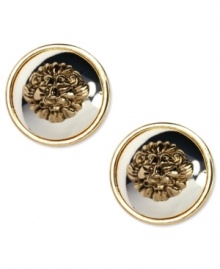 Wear these elegant, lion's head clip earrings from Anne Klein with pride. Poised upon a silver tone backdrop, they lend a regal look to any attire. Crafted in gold tone mixed metal. Clip-on backing for non-pierced ears. Approximate diameter: 1-1/2 inches.