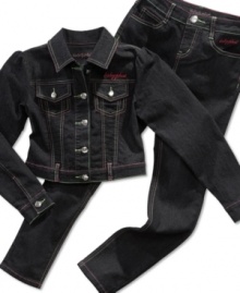 The perfect look for the leader of the pack. She'll look sweet in the style of this denim jacket from Baby Phat. The perfect look for the leader of the pack. She'll look sweet in the style of this denim jacket from Baby Phat.