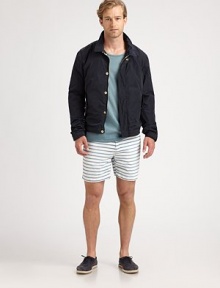 Modern-fit summer short exudes an authentic seaside style with blue and white nautical stripes, adding character and definition to a casual summer favorite.Flat-front styleSide slash, back flap pocketsInseam, about 6CottonMachine washImported