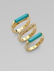 Three exquisite rings with either bold turquoise bars or dazzling rhinestones, perfect for stacking. TurquoiseGlass stonesGoldtone brassWidth, about ¾Imported Three exquisite rings with either bold turquoise bars or dazzling rhinestones, perfect for stacking. TurquoiseGlass stonesGoldtone brassWidth, about ¾Imported