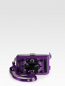 Satin bag with embroidery, crystals and beads.Detachable adjustable shoulder strap, 22-23½ dropFlip-lock closureTwo inner compartmentsSatin lining5¾W X 3½H X 1½DMade in Italy Satin bag with embroidery, crystals and beads.Detachable adjustable shoulder strap, 22-23½ dropFlip-lock closureTwo inner compartmentsSatin lining5¾W X 3½H X 1½DMade in Italy