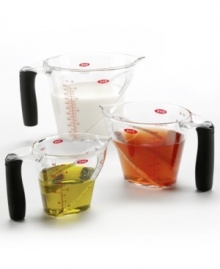 The patented angled surface on these measuring cups lets you read measurements from above, eliminating the need to fill, check and adjust the amount. The patented angled surface on these measuring cups lets you read measurements from above, eliminating the need to fill, check and adjust the amount.
