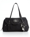 The Cool Disco satchel from GUESS features embossed panels and shiny metal hardware for a vintage look that dances you through your travels.