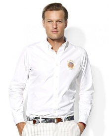 Cut for a trim, modern fit from silky cotton poplin, a long-sleeved sport shirt is emboldened with cricket-inspired embroidery at the chest for a preppy finish. Cut for a trim, modern fit from silky cotton poplin, a long-sleeved sport shirt is emboldened with cricket-inspired embroidery at the chest for a preppy finish.