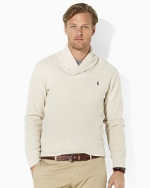 Combining the casual comfort of French-ribbed fleece with the polished refinement of a shawl collar, this essential pullover blends the best of both worlds for an utterly luxe look. Combining the casual comfort of French-ribbed fleece with the polished refinement of a shawl collar, this essential pullover blends the best of both worlds for an utterly luxe look.