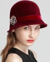 Done up in soft velour, this '20s-inspired cloche from Kathy Jeanne makes a sparkly statement with its removable crystal pin.