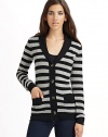 THE LOOKStriped throughoutSolid color shawl collarButton frontLong sleeves with solid, ribbed cuffsDual patch pocketsRibbed hemTHE FITAbout 26 from shoulder to hemTHE MATERIALCashmereCARE & ORIGINDry cleanImported