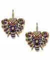 An elephant never forgets. These pretty pachyderm earrings from Betsey Johnson are embellished with multi-colored crystal accents and gold tone details. Crafted in antiqued gold tone mixed metal. Approximate drop: 1-1/3 inches.