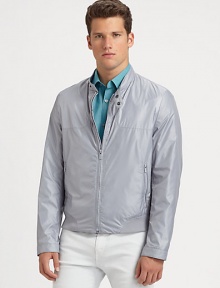 This outerwear staple makes an instant style statement, bold and beautifully crafted in a sleek, bomber silhouette with monochromatic details for an elegant finish.Zip frontBand collarSide slash zipped pocketsRibbed knit hemFully linedAbout 25 from shoulder to hem58% polyamide/42% polyesterDry cleanImported This outerwear staple makes an instant style statement, bold and beautifully crafted in a sleek, bomber silhouette with monochromatic details for an elegant finish.Zip frontBand collarSide slash zipped pocketsRibbed knit hemFully linedAbout 25 from shoulder to hem58% polyamide/42% polyesterDry cleanImported