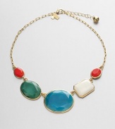 A colorful design featuring faceted stones in various shapes and sizes on a 12k goldplated link chain. Resin stones12k goldplated brassLength, about 18Lobster clasp closureImported 