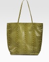 A shapely, stylish bag of glossy microfiber with snakeskin-look embossing.Shoulder straps, 12 drop Magnetic closure Two inside open pockets, key and pen holders Includes matching cosmetics pouch Fully lined 17½W X 15½H X 5D Imported