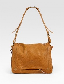 An easy flap-top shape of richly pebbled lambskin leather to carry with you from day to night. Adjustable shoulder strap, 12-20 dropMagnetic flap closureOne outside zip pocketOne hidden zip compartment under flapDual expandable side zipsTwo interior compartmentsOne inside zip pocketRemovable interior mini flashlightCotton lining12½W X 10H X 9DMade in Italy An easy flap-top shape of richly pebbled lambskin leather to carry with you from day to night. Adjustable shoulder strap, 12-20 dropMagnetic flap closureOne outside zip pocketOne hidden zip compartment under flapDual expandable side zipsTwo interior compartmentsOne inside zip pocketRemovable interior mini flashlightCotton lining12½W X 10H X 9DMade in Italy