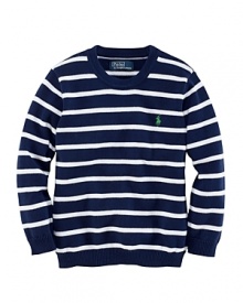 Thin stripes lend nautical inspiration to an essential crewneck sweater, knit in luxuriously soft cotton yarns for a supremely smooth feel. Thin stripes lend nautical inspiration to an essential crewneck sweater, knit in luxuriously soft cotton yarns for a supremely smooth feel.