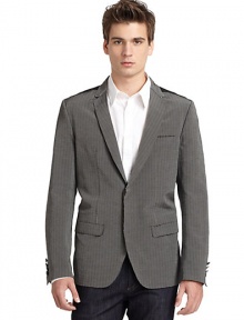 THE LOOKAllover stripe printWelt pocket at chestTwo-button closureLong sleeves with button cuffsFlap pocketsSatin backVented back hemInner welt pocketsTHE FITAbout 27 from shoulder to hemTHE MATERIAL65% cotton/35% rayonSecond fabric: 68% polyamide/32% silkFully linedCARE & ORIGINDry cleanMade in Italy THE LOOKAllover stripe printWelt pocket at chestTwo-button closureLong sleeves with button cuffsFlap pocketsSatin backVented back hemInner welt pocketsTHE FITAbout 27 from shoulder to hemTHE MATERIAL65% cotton/35% rayonSecond fabric: 68% polyamide/32% silkFully linedCARE & ORIGINDry cleanMade in Italy