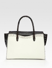 Structured carryall style crafted from woven straw and luxe croc-skin.Double top handles, 8 dropFlap top closureProtective metal feetOne inside zip pocketThree inside open pocketsSuede lining13W X 9¾H X 5DImported