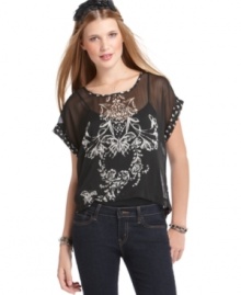 Edgy with a rocker vibe, Fire's sheer top makes a statement! Pair it over a dark cami for a trend-forward look. Edgy with a rocker vibe, Fire's sheer top makes a statement! Pair it over a dark cami for a trend-forward look.