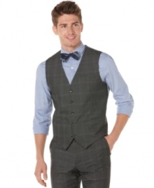 Plaid makes this vest from Perry Ellis a prime example or perfect business style. Plaid makes this vest from Perry Ellis a prime example or perfect business style.