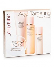 Shiseido Benefiance WrinkleResist24 targets every step of wrinkle formation for youthful looking skin that can resist signs of aging.The entire line contains a revolutionary breakthrough ingredient, Mukurossi Extract, which directly inhibits the activity of a wrinkle-triggering enzyme. This introductory kit has your three step regimen for more youthful, perfectly smooth skin and includes travel sizes of Extra Creamy Cleansing Foam (2.8 oz.), WrinkleResist24 Enriched Balancing Softener (3.3 fl. oz.), and WrinkleResist24 Day Emulsion SPF 15(1 fl. oz.). Shiseido Benefiance WrinkleResist24 targets every step of wrinkle formation for youthful looking skin that can resist signs of aging.The entire line contains a revolutionary breakthrough ingredient, Mukurossi Extract, which directly inhibits the activity of a wrinkle-triggering enzyme. This introductory kit has your three step regimen for more youthful, perfectly smooth skin and includes travel sizes of Extra Creamy Cleansing Foam (2.8 oz.), WrinkleResist24 Enriched Balancing Softener (3.3 fl. oz.), and WrinkleResist24 Day Emulsion SPF 15(1 fl. oz.).