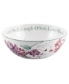 A beautiful complement to the beloved Butterfly Meadow collection of dinnerware and dishes and thoughtful hostess or housewarming gift, this Lenox serving bowl features a whimsical springtime motif and a heartwarming reminder to Live Well, Laugh Often, Love Much.