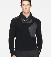 Sleek nylon patchwork infuses a classic shawl-collar sweater with modern style, tailored in a trim-fitting silhouette from soft, smooth merino wool.