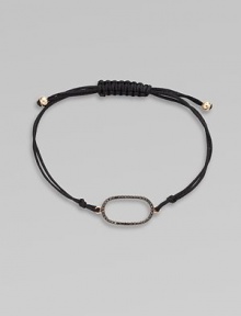 A knotted cord with a black diamond encrusted, 18K rose gold, oval link. Black diamonds, .25 tcw18K rose goldPolyester cordLink size, about ¾Length, about 13½ adjustableDrawstring closureImported A knotted cord with a black diamond encrusted, 18K rose gold, oval link. Black diamonds, .25 tcw18K rose goldPolyester cordLink size, about ¾Length, about 13½ adjustableDrawstring closureImported