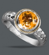 Make a bold statement with a vibrant cocktail ring. Balissima by Effy Collection's stunning style features a round-cut citrine (1-5/8 ct. t.w.) set in sterling silver with intricate rope edges crafted from 14k gold. Size 7.