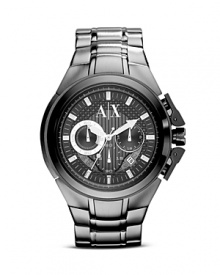 Armani Exchange's graphite watch perfects sleek style. Chronograph movement adds function, while a bold face and oversized case command attention beneath a suit sleeve.