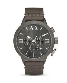Slip on Armani Exchange's round-faced chronograph to energize strict tailoring and sleek suits. Slip on Armani Exchange's round-faced chronograph to energize strict tailoring and sleek suits.
