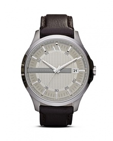 Crafted of sleek stainless steel this watch from Armani Exchange perfects easy-cool. The streamlined design is accented by leather band giving it a functional yet stylish finish. Crafted of sleek stainless steel this watch from Armani Exchange perfects easy-cool. The streamlined design is accented by leather band giving it a functional yet stylish finish.