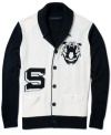 This fall is all about varsity style. Stay on-trend with this shawl-collar cardigan from Sean John.