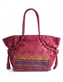 THE LOOKBraided double top handles tie at the sidesMagnetic snap top closureMulticolored woven frontFront logo-embossed leather detailOne outside open pocketTwo inside open pocketsOne inside zip pocketInside logo detailTHE MEASUREMENTDouble top handles, 1013½W X 12H X 6½DTHE MATERIALLeatherLogo printed liningORIGINImported THE LOOKBraided double top handles tie at the sidesMagnetic snap top closureMulticolored woven frontFront logo-embossed leather detailOne outside open pocketTwo inside open pocketsOne inside zip pocketInside logo detailTHE MEASUREMENTDouble top handles, 1013½W X 12H X 6½DTHE MATERIALLeatherLogo printed liningORIGINImported
