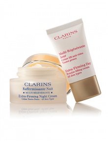 Clarins revolutionizes the face of firming with two formulas that work night and day to firm, lift and tone with unrivaled results. Duo includes: Full-size Extra-Firming Night Cream and travel-size Extra-Firming Day Cream. Made in France. Clarins revolutionizes the face of firming with two formulas that work night and day to firm, lift and tone with unrivaled results. Duo includes: Full-size Extra-Firming Night Cream and travel-size Extra-Firming Day Cream. Made in France.