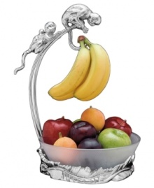 Don't monkey around, keep produce in prime condition with this combination fruit bowl and banana holder from Arthur Court's collection of serveware and serving dishes. A curious family and ring of leaves made of sand-cast aluminum accent the kitchen counter or table with fresh whimsy. With frosted glass bowl. Don't monkey around, keep produce in prime condition with this combination fruit bowl and banana holder from Arthur Court's collection of serveware and serving dishes. A curious family and ring of leaves made of sand-cast aluminum accent the kitchen counter or table with fresh whimsy. With frosted glass bowl.