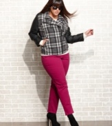 Kick-start your style this season with Dollhouse's plus size motorcycle jacket, featuring faux leather and plaid-- it's at total winner!