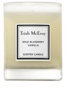 Candles are rituals, symbols of mood and sensuality. Fill your home with the powerful fragrance of Trish's Wild Blueberry Vanilla Scented Candle. The delicious blend of wild blueberry and precious vanilla will sweeten your mood. The powerfully scented combinations in Trish's candles will permeate your space before this magical candle is even lit. 3 oz., 18-hour burn time. 