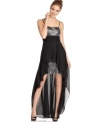 Gunmetal sequins glimmer and a chiffon skirt dramatically drapes on this dress from Hailey Logan that's all about chic visual effects!