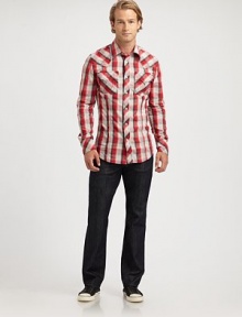 Heritage Western inspiration for everywhere you roam, cut with an angled yoke and a pair of embroidered flap pockets in bold, plaid-checked cotton. SnapfrontChest flap pocketsCottonMachine washImported Heritage Western inspiration for everywhere you roam, cut with an angled yoke and a pair of embroidered flap pockets in bold, plaid-checked cotton. SnapfrontChest flap pocketsCottonMachine washImported