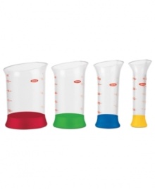 How to measure up! Your go-to for dishing out extracts, food coloring, lemon juice and other small volume liquid ingredients, this set brings the fun back into function. Brightly colored measurement markings, a convenient & compact nesting design and spouted tops for easy, spill-free filling and pouring make this set a fast favorite. How to measure up! Your go-to for dishing out extracts, food coloring, lemon juice and other small volume liquid ingredients, this set brings the fun back into function. Brightly colored measurement markings, a convenient & compact nesting design and spouted tops for easy, spill-free filling and pouring make this set a fast favorite.