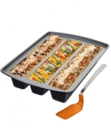 Create a masterpiece that will please every member of your family in an innovative three-channeled pan made specifically for exploring the world of lasagna. Satisfy meat-lovers, vegetarians and culinary adventurers by serving three different variations of everyone's favorite dish, easily layered in this nonstick pan. 10-year warranty. Create a masterpiece that will please every member of your family in an innovative three-channeled pan made specifically for exploring the world of lasagna. Satisfy meat-lovers, vegetarians and culinary adventurers by serving three different variations of everyone's favorite dish, easily layered in this nonstick pan. 10-year warranty.